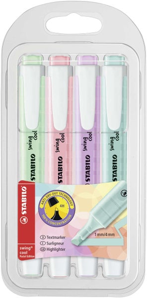 STABILO Textmarker Textmarker swing cool Pastel Edition, 4er Set Farben: Hauch von Minzgrün, rosiges Rouge, Schimmer von Lila, zartes Türkis