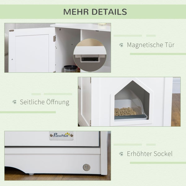 PawHut Katzenschrank für Katzentoilette, Katzenklo mit Magnettüren, Katzenhaus mit verstellbarem Trennwand, Katzenhöhle mit großem Stauraum, Beistelltisch, Weiß, 86 x 48 x 52 cm