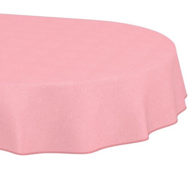 Ovale rosa Tischdecke aus Stoff mit gesäumtem Rand.