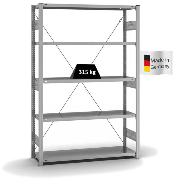 PROREGAL Fachbodenregal Stecksystem T-Profil Heavy-Duty Grundregal HxBxT 200 x 130 x 40 cm 5 Ebenen Fachlast 315 kg Einseitig Nutzbar Verzinkt