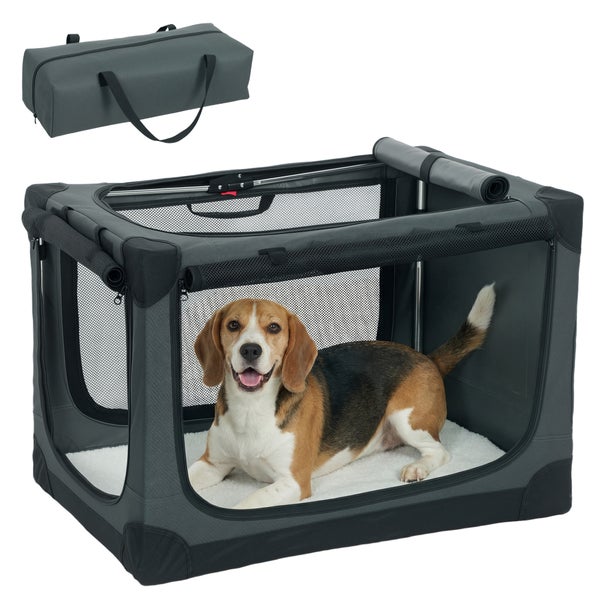 Graue faltbare Hundetransportbox aus Stoff mit Netzeinsätzen, Liegematte und Tragetasche, Beagle befindet sich im Inneren.