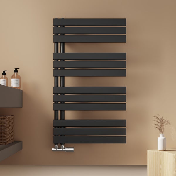 EMKE Badheizkörper Flach 1041x600 mm Schwarz Handtuchwärmer Handtuchtrockner, Panel Handtuchhalter Seitenanschluss für Bad Warmwasser 639W