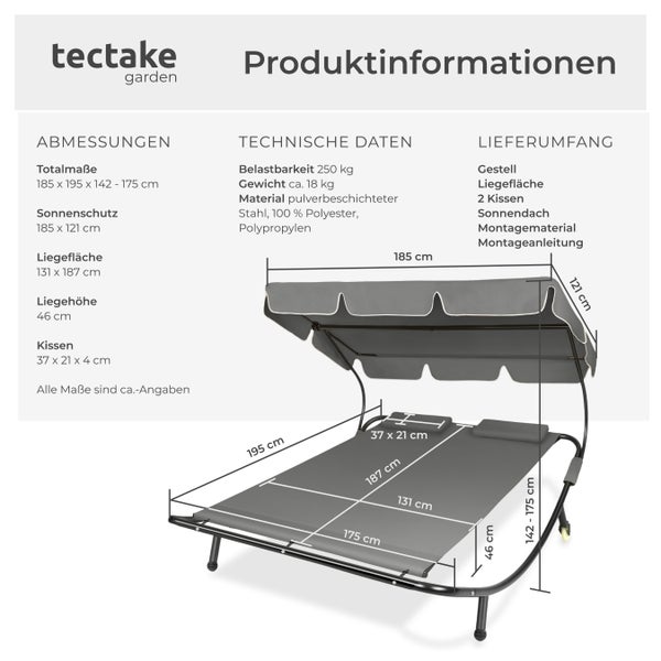 Gartenliege tectake Livorno 215 x 183 x 150 cm für 2 Personen schwarz/grau
