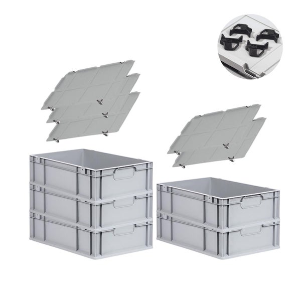 PROREGAL Spar Set 5x Eurobox Nextgen Economy Mit Auflagedeckel & 4x Schiebeschnappverschlüsse Schwarz Griffe Geschlossen HxBxT 17 x 40 x 60 cm