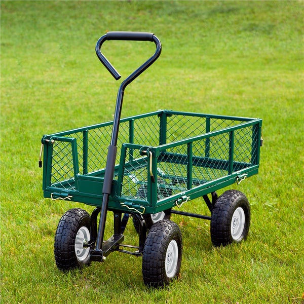 Gartenwagen mit Stahlrahmen und Gitterkorb auf Rasen