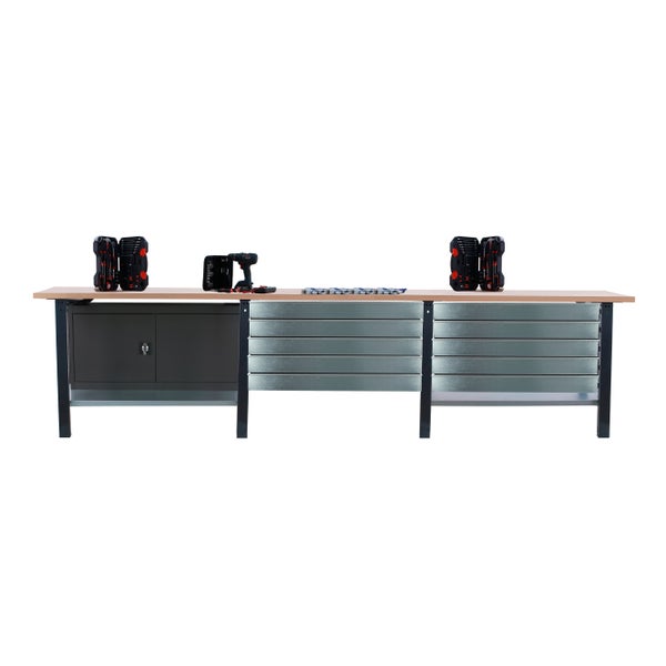 Werkbank BUFFALO WOOD mit 10x Schublade + Schrank| HxBxT 86,5x300x75cm | Traglast 1000kg | Anthrazit
