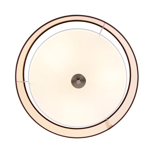 Moderne runde Deckenleuchte in der Untersicht mit konzentrischem Design, zentraler Metallbefestigung und zwei Lampenschirm-Ebenen.