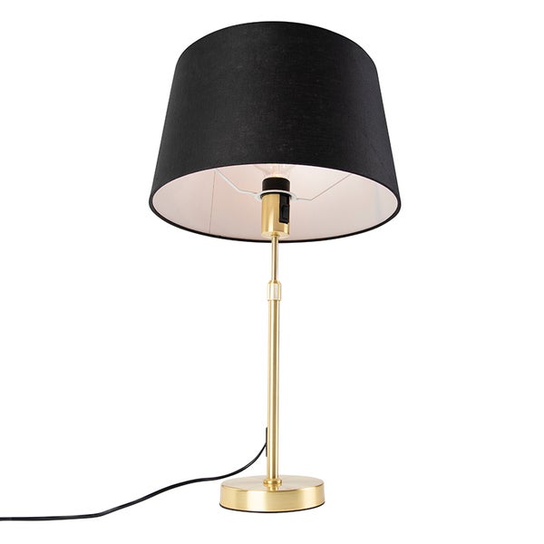Tischleuchte mit schwarzem Lampenschirm und goldfarbenem Sockel