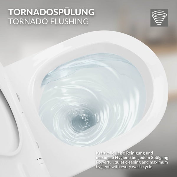 LuxeBath Wand WC Spülrandlos, Weiß, Tiefspüler Keramik Hänge WC, kurz 49 cm, Toilette ohne Spülrand mit Nano Beschichtung, Tornadospülung, Glänzende Kloschüssel Hängend mit WC-Sitz Absenkautomatik