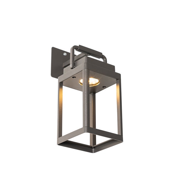 Moderne LED-Außenwandleuchte in Laternenform aus dunklem Metall mit rechteckigem Rahmen und nach unten gerichtetem Licht.