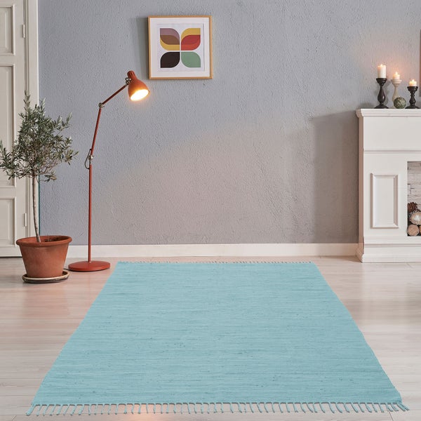 Handgewebter Fleckerlteppich aus Baumwolle Chindi Hellblau 70x140 cm