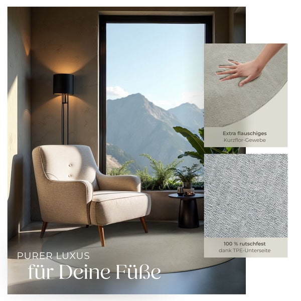 Runder Kurzflorteppich in modernem Wohnzimmer mit Sessel. Details zeigen weiches Gewebe und eine rutschfeste TPE-Unterseite.