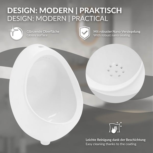 ECD Germany Urinal Weiß Zulauf von oben, Keramik Pinkelbecken mit Nano-Versiegelung, Modernes Pissoir, 35x46x30 cm, oval, Spülrand geschlossen, Senkrechter Ablauf, WC-Urinal Absaugeurinal Urinalbecken