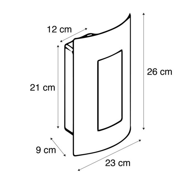 Maßzeichnung einer gebogenen Wandleuchte mit Abmessungen: Höhe 26 Zentimeter, Breite 23 Zentimeter, Tiefe 12 Zentimeter.