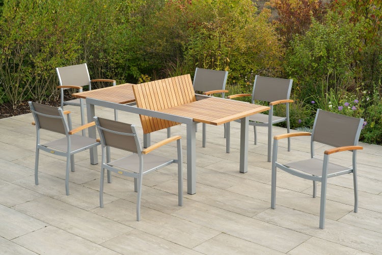 Naxos Gartenmöbelset 7tlg., 6 Stapelsessel, Ausziehtisch 150 (200) x 90 cm, taupe