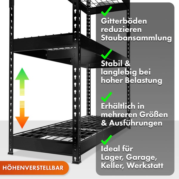 Schwarzes, höhenverstellbares Schwerlastregal mit Gitterböden für Lager, Garage, Keller und Werkstatt.