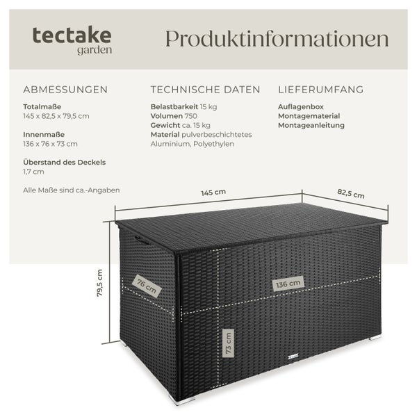 Auflagenbox tectake Oslo 145 x 82,5 x 79,5 cm mit Aluminiumgestell und Rattangeflecht schwarz