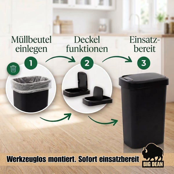 Anleitung zur Montage eines Big Dean Abfalleimers mit drei Schritten zur Inbetriebnahme in einer Küche.