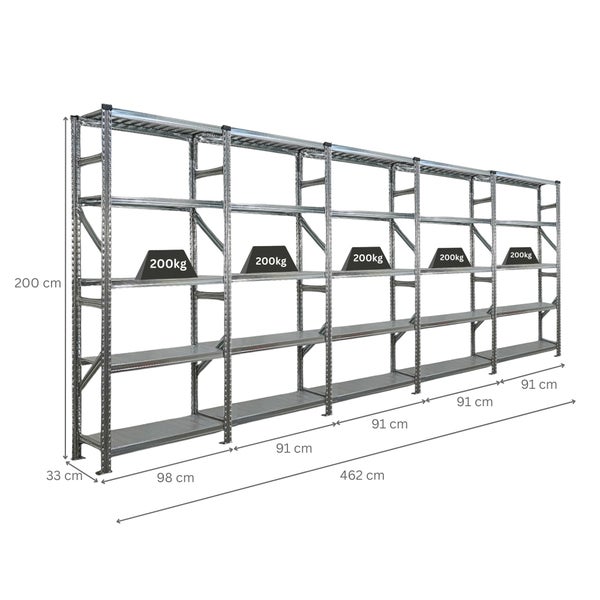 Metallregal mit fünf Ebenen und einer Tragfähigkeit von 200 kg pro Ebene, Abmessungen sind dargestellt