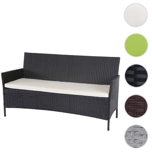 Gartenbank aus Polyrattan mit Sitzkissen und verschiedenen Materialvarianten.