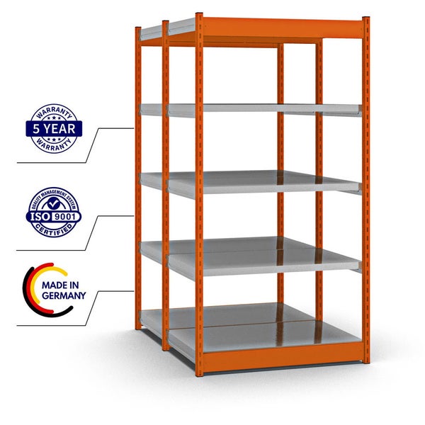 PROREGAL Fachbodenregal Stecksystem Vierkant-Profil Grundregal HxBxT 200 x 102,5 x 60 cm 2x5 Ebenen Doppelseitige Bauart Fachlast 200 kg Orange