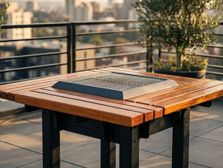 Quadratischer Grilltisch aus Holz mit integriertem Grill auf einer modernen Dachterrasse.