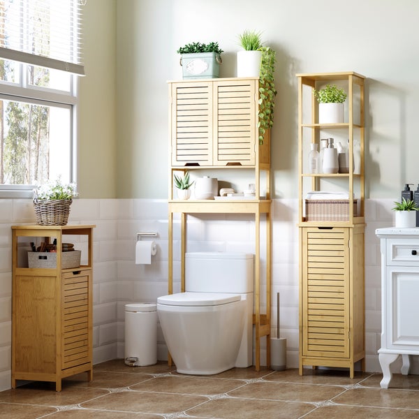 kleankin Badezimmerschrank Badschrank mit 3 offenen Fächer und 1 Schrank, Badmöbel Freistehender Hochschrank für Badezimmer, kleine Räume, Natur 34 x 30 x 173 cm