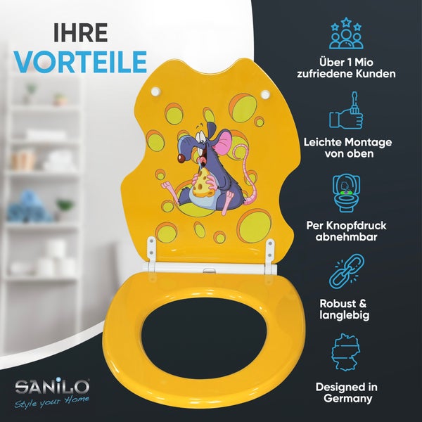 Gelber Sanilo Toilettensitz mit Maus-Motiv. Symbole für Kundenzufriedenheit, Montage von oben, Abnehmbarkeit, Robustheit und deutsches Design. Sanilo Logo.