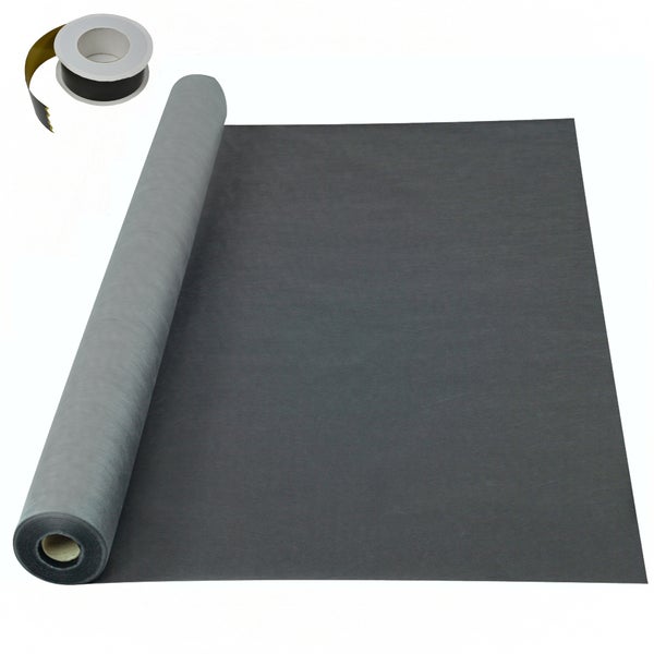 EPDM Dachfolie als Rolle, teilweise ausgerollt, inklusive einer kleinen Rolle Nahtband für die Dachabdichtung.