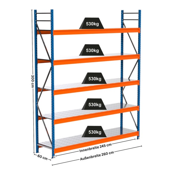 Hochregal mit fünf Ebenen und einer Traglast von 530 Kilogramm pro Ebene, Abmessungen: 300 mal 260 mal 60 Zentimeter