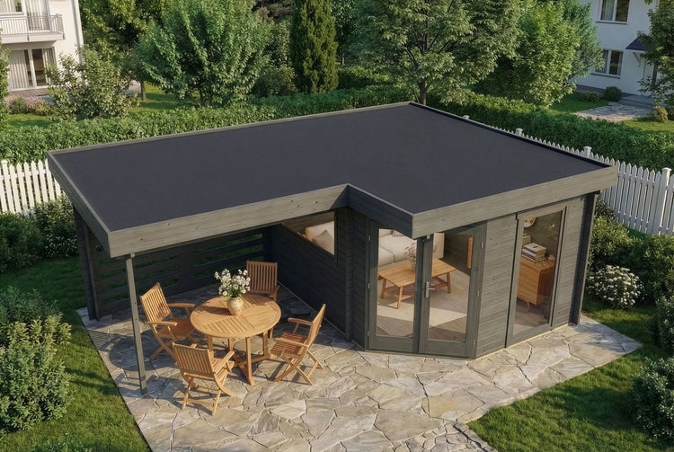 Modernes, graues Gartenhaus mit Flachdach, offenem Loungebereich mit Korbmöbeln und geschlossenem Raum mit Glastüren auf Holzterrasse.