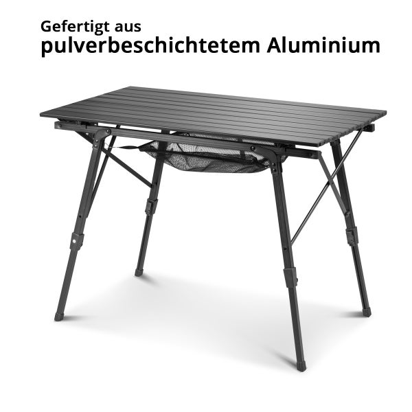 Klappbarer Camping-Tisch aus pulverbeschichtetem Aluminium mit rollbarer Tischplatte, höhenverstellbaren Beinen und praktischem Ablagenetz.