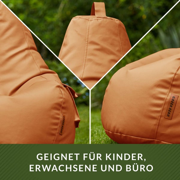 Green Bean Sitzsack aus Kunstleder mit EPS Perlen Füllung - 90 x 80 x 70 cm - Bean Bag Sitzkissen Sitzpuff Sitzsessel Bodenkissen Lounge Gaming Chair Rückenlehne - Cognac