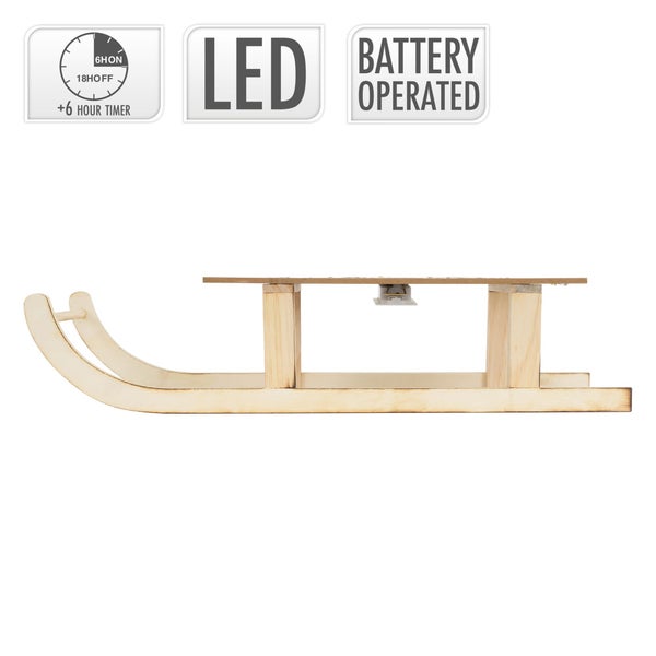 ECD Germany LED Deko Schlitten aus Holz mit 60 warmweißen LEDs, 60x21x13,5 cm, Braun, Batterriebetrieben, Beleuchteter Dekoschlitten mit Timer, Weihnachtsdeko Weihnachten Dekoration Deko Holzschlitten