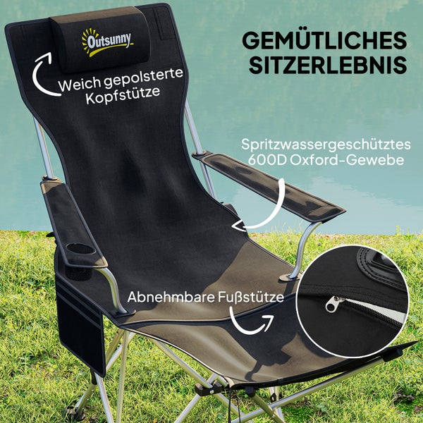 Outsunny 2er Set Campingstuhl faltbar Angelstuhl mit abnehmbar Fußstütze Getränkehalter Kopfstütze Gartenstuhl belastbar 120 kg Liegestuhl für Erwachsene Klappstuhl Strandstuhl Campingstühle