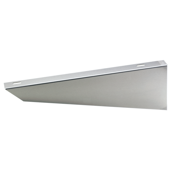 Dreieckige Regalkonsole aus gebürstetem Metall mit Befestigungslöchern.