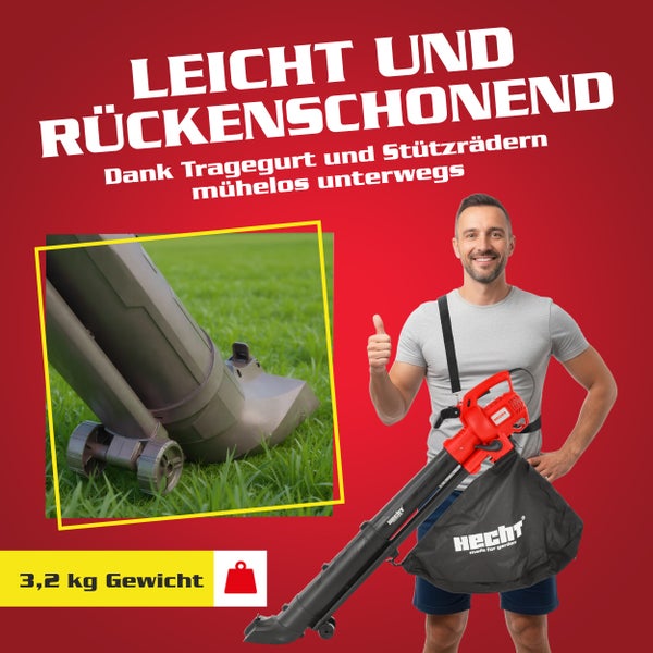 Hecht Elektro Laubsauger mit Tragegurt und Stützrädern für Gartenarbeiten