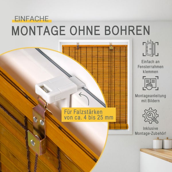 Klemmträger für die Montage eines Bambusrollos am Fensterrahmen ohne Bohren, passend für Falzstärken von circa 4 bis 25 Millimeter.