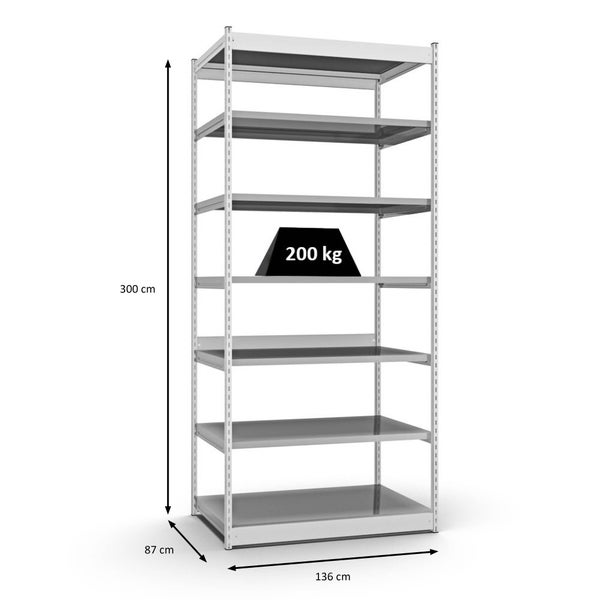 PROREGAL Fachbodenregal Stecksystem Vierkant-Profil Grundregal HxBxT 300 x 132,5 x 80 cm 7 Ebenen Einseitige Bauart Fachlast 200 kg Lichtgrau