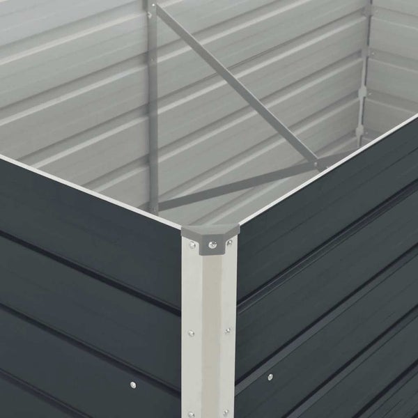 Detailansicht der Ecke eines Hochbeets aus Wellblech mit internen Querstreben zur Stabilisierung.