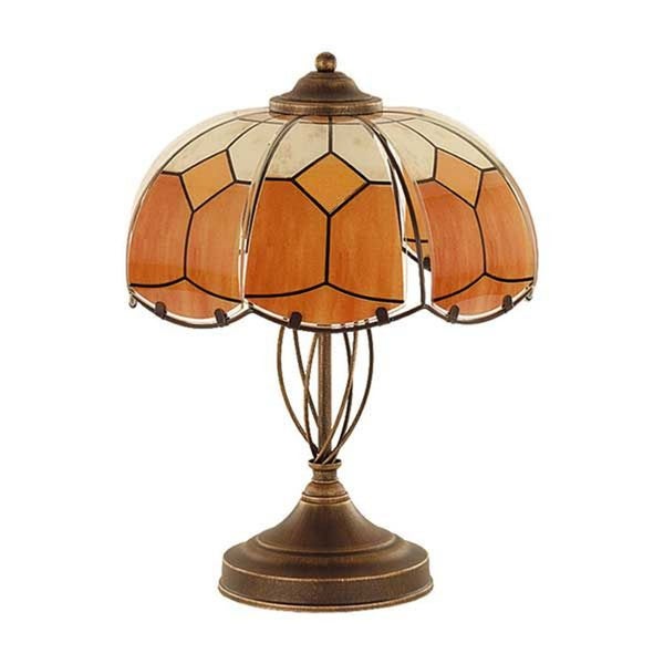 Tischleuchte im Tiffany Stil mit strukturiertem Glasschirm und Metallfuß für eine klassische Beleuchtung.