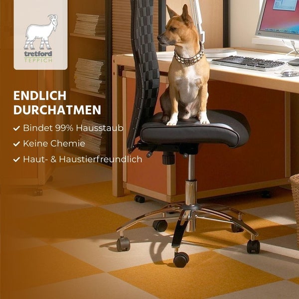 Arbeitszimmer mit Hund auf Bürostuhl und kariertem Tretford Teppich aus Fliesen. Staubbindend, chemiefrei und haustierfreundlich. Tretford Teppich Logo.