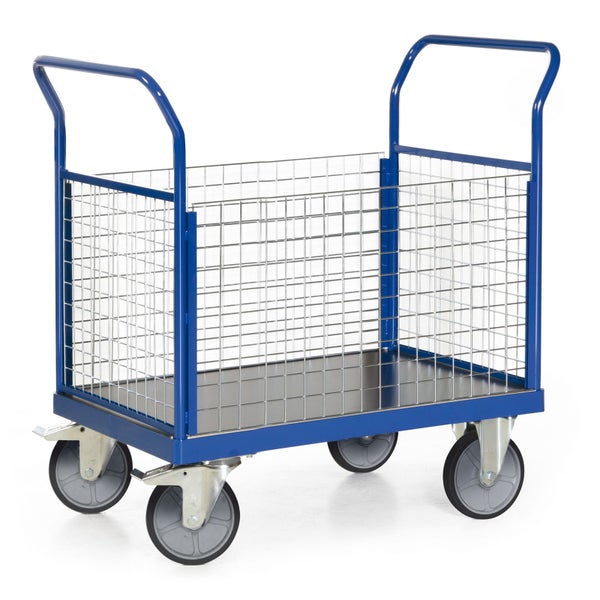 Blauer Gitterwagen mit zwei Griffen und vier Rädern