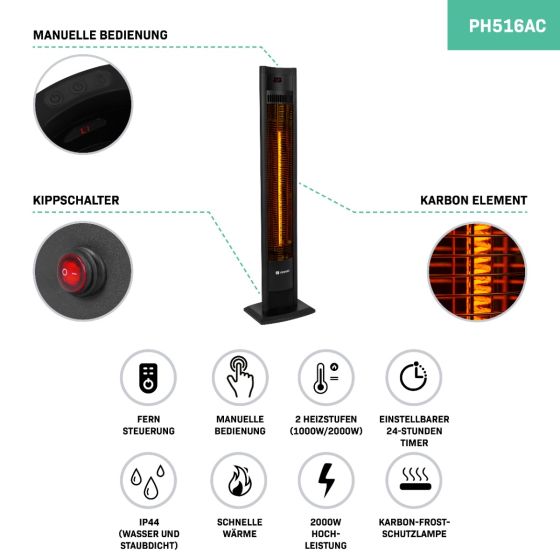 Infrarot-Turmheizstrahler PH516AC mit Carbon-Heizelement, 2000 Watt, 2 Heizstufen, 24-Stunden-Timer, Fernbedienung, Schutzart IP44 und Kippschalter.