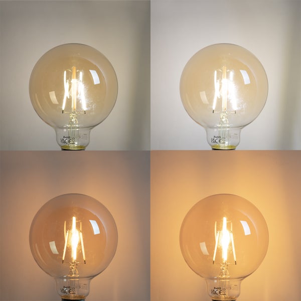 LED-Globelampe mit Filament in vier verschiedenen Farbtemperaturen von warmweiß bis kaltweiß.