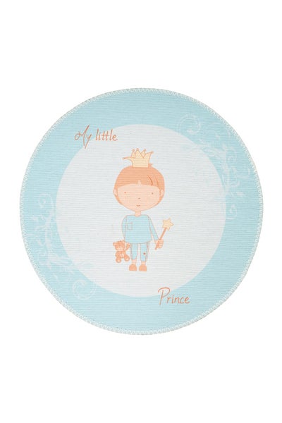 Runder Kinderteppich mit Illustration eines kleinen Prinzen mit Krone, Teddybär und Zauberstab, mit dem Schriftzug My little Prince.