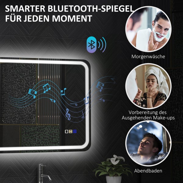 Bluetooth Spiegel im Badezimmer mit Musiknoten und Szenen von Morgenwäsche, Make-up und Abendbad