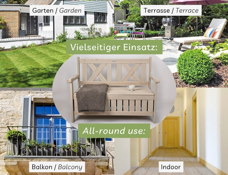 needs&wants® Gartenbank Holz wetterfest mit Stauraum und Abdeckung, 2-Sitzer Truhenbank Holzbank klassisch, Parkbank Sitzbank massiv Garten Outdoor mit Truhe, Naturholz Massivholz, grau-beige