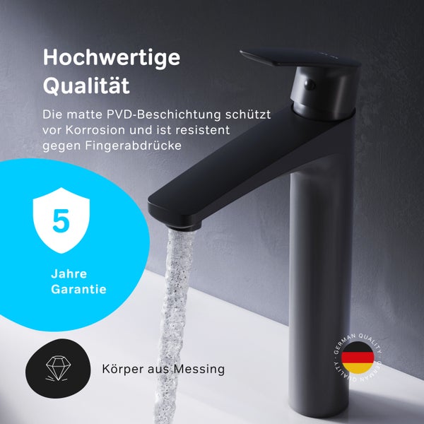 Moderne Waschtischarmatur aus Messing mit korrosionsbeständiger PVD-Beschichtung und fünf Jahren Garantie.