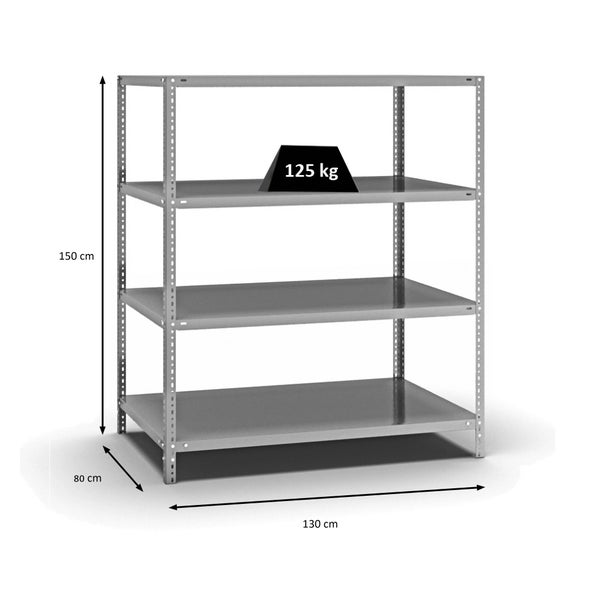 PROREGAL Fachbodenregal Schraubsystem Light-Duty Grundregal HxBxT 150 x 130 x 80 cm 4 Ebenen Fachlast 125 kg Beidseitig Nutzbar Verzinkt